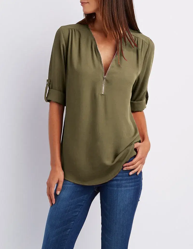 Thumbnail: Loose Chiffon V-Neck Blouse – Casual Long Sleeve Fashion Top