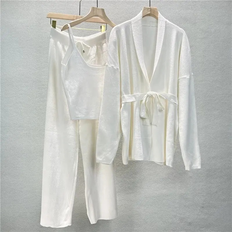 Thumbnail: Women Knitted Cardigan Jacket & Suspender Wide Leg Pants 3 Piece Set Outfit