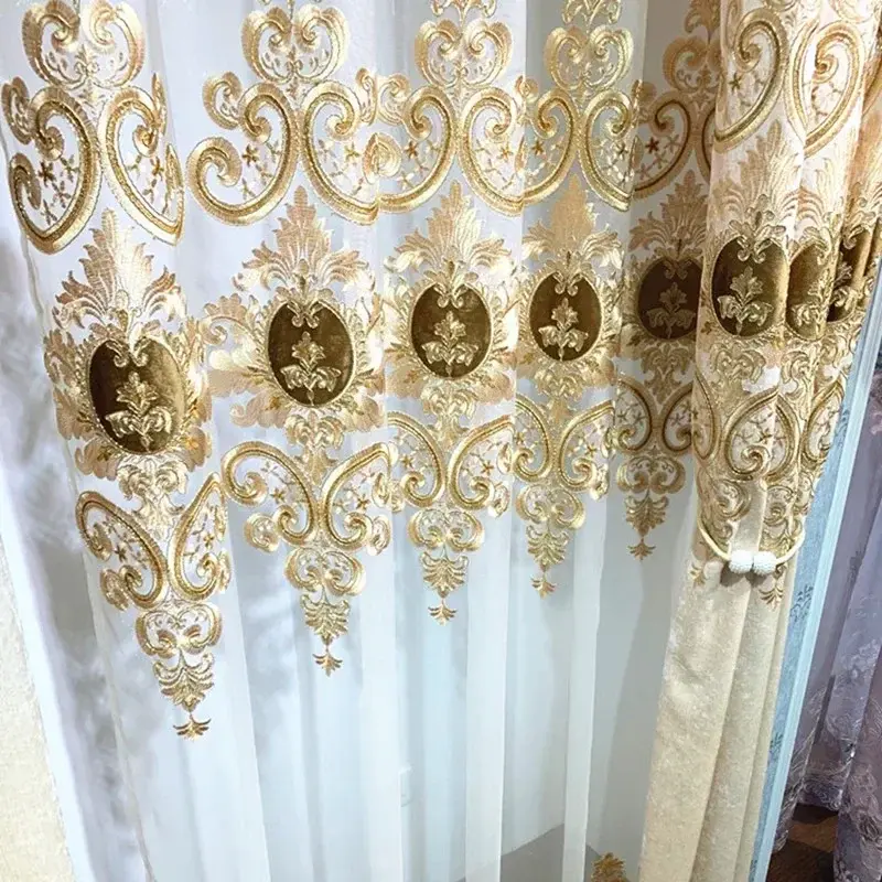 Thumbnail: European Beige Valance Embroidered Chenille Luxury Curtain