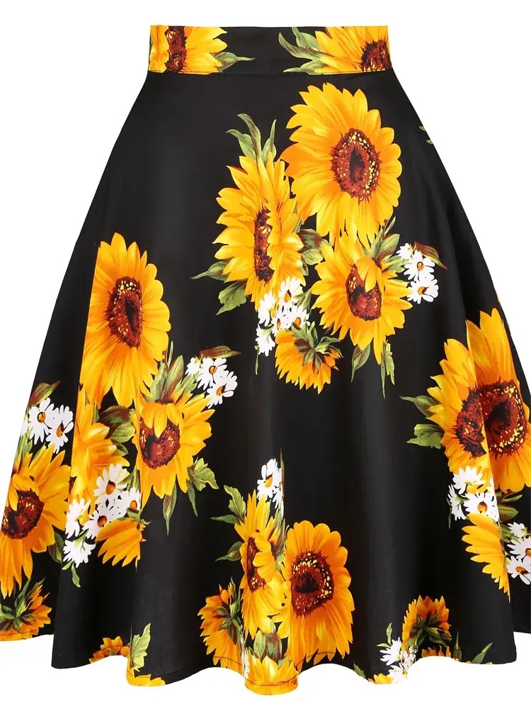 Thumbnail: Vintage 50s Rockabilly Printed Midi Skirt – High‑Waist A‑Line Swing Skirt