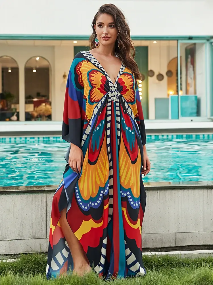 Thumbnail: Boho V Neck Loose Fit Kaftan Maxi Beach Cover Up Dress for Women Summer