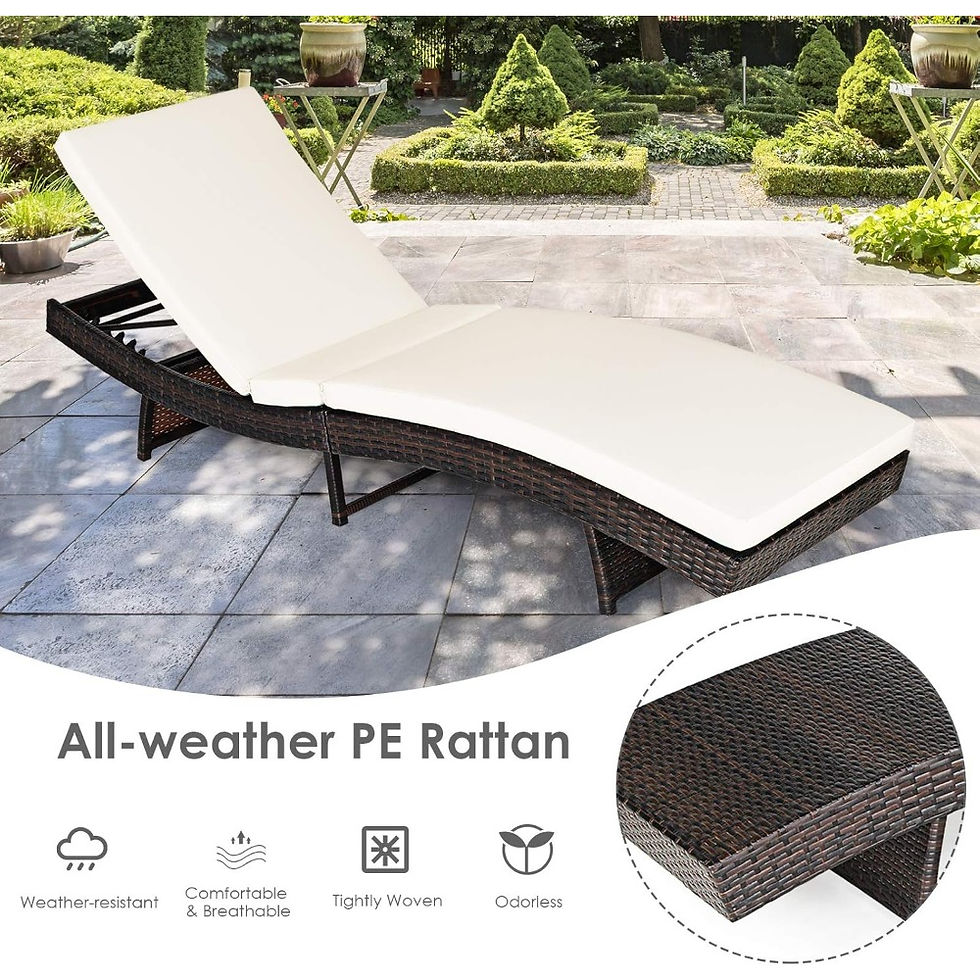Thumbnail: Adjustable Outdoor Wicker Chaise Lounge with Padded Non-Slip Beige Cushions
