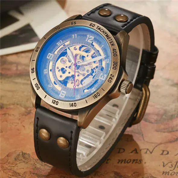 Thumbnail: Skeleton Steampunk Automatic Watch with Leather Strap & Waterproof Design