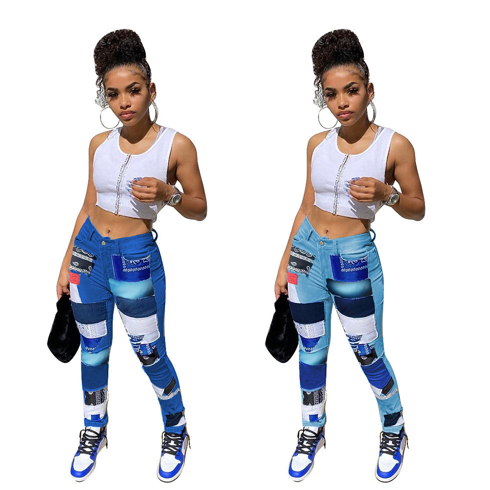 Thumbnail: Women’s Patchwork Print Denim Jeans Button Front Blue Jeans