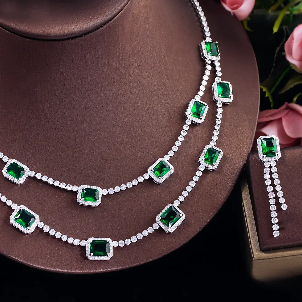 Thumbnail: Rectangle Green Cubic Zirconia Necklace & Earrings Set