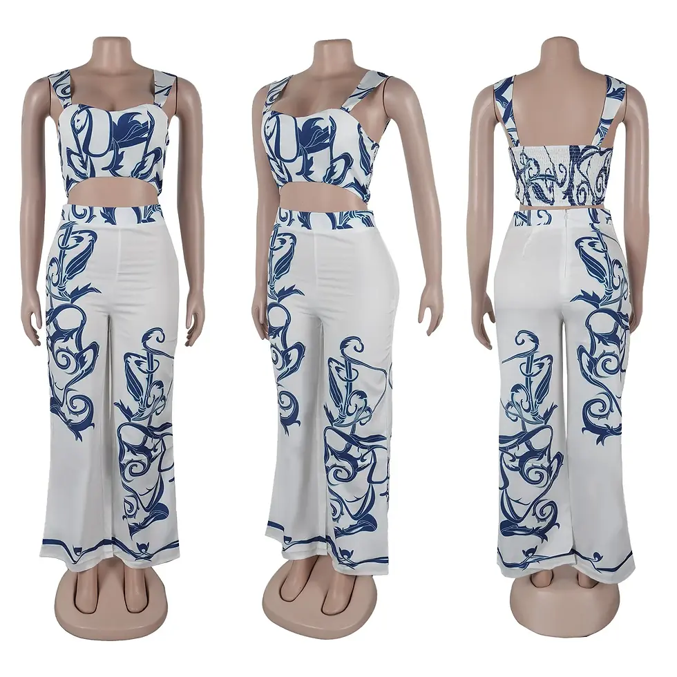 Thumbnail: Summer Printed Sleeveless Top and Wide-Leg Pants Set for Women