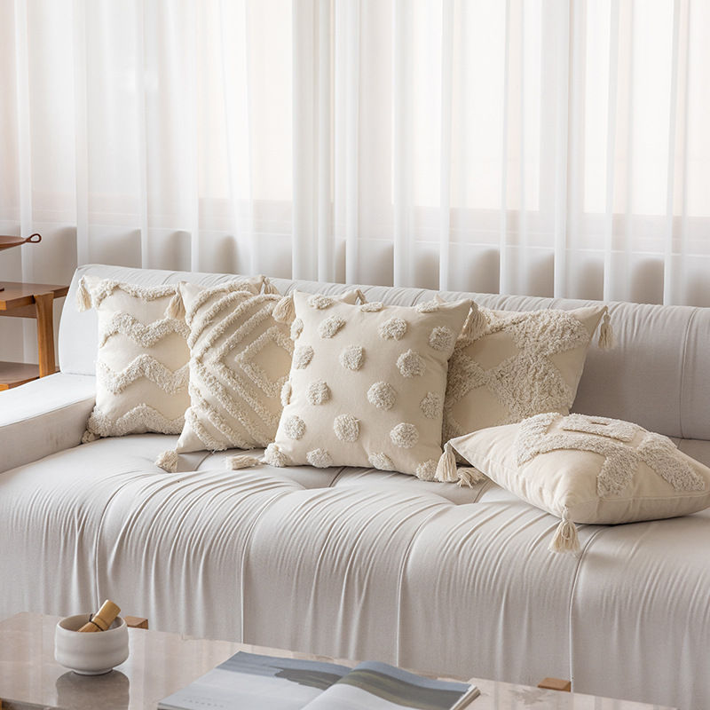 Thumbnail: Bohemian White Tufted Fringe Pillow Cover 45x45cm