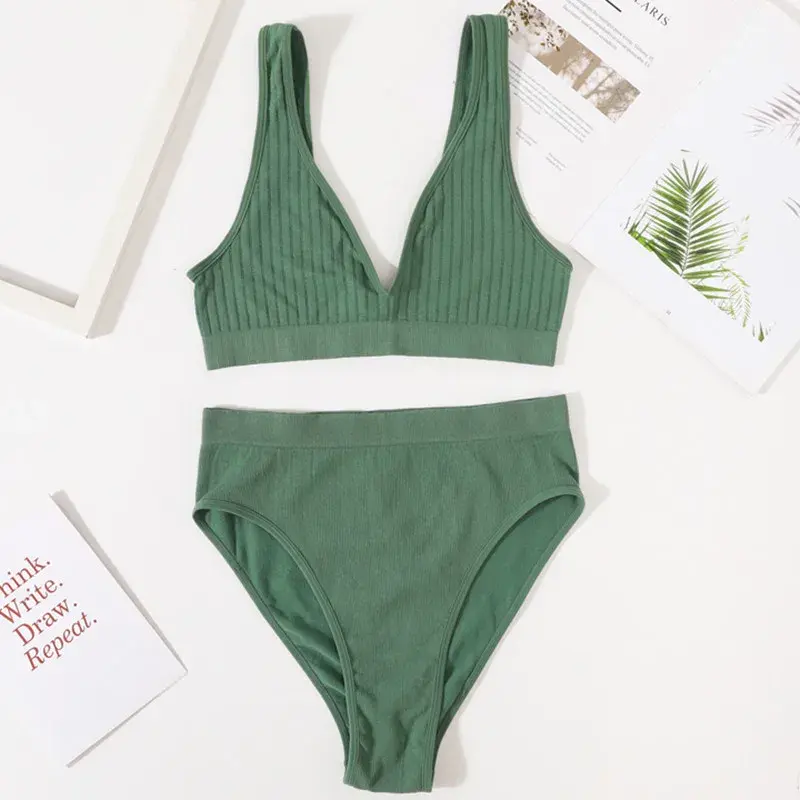 Thumbnail: Women Push-Up Bra Set Deep V Seamless Underwear Set Wireless Bra