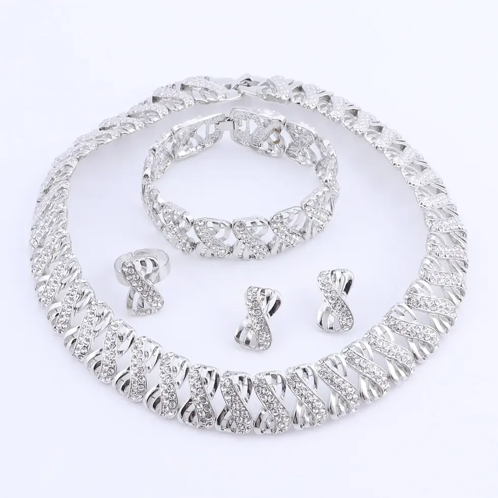 Thumbnail: Silver Indian Bridal Jewelry Set – Dubai  Necklace, Earrings, Ring & Bracelet