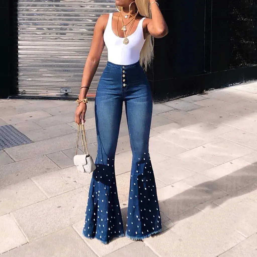Women’s Plus Size High Waist Bell-Bottom Denim Jeans Tassel Button Pants