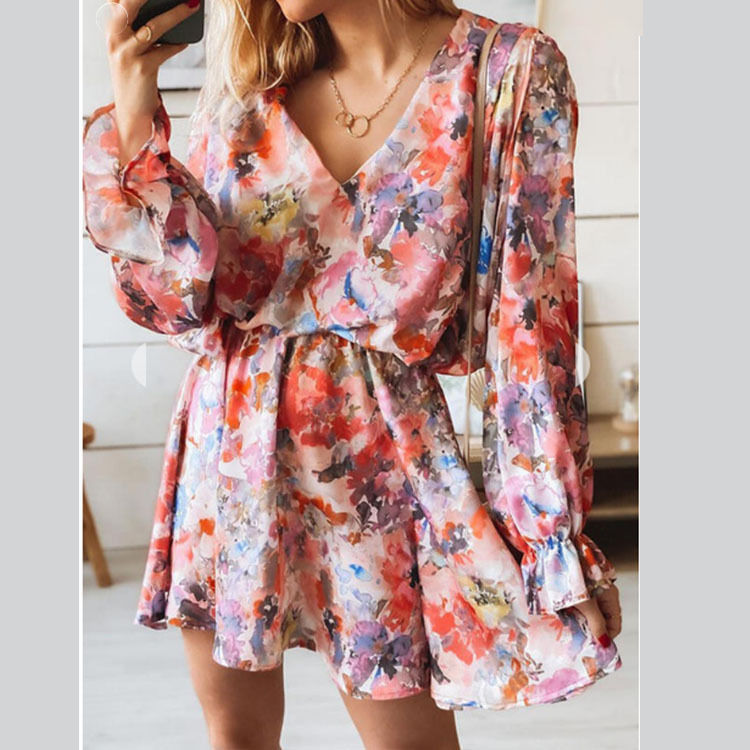 Women’s Floral V-Neck Long Sleeve Mini Dress Boho