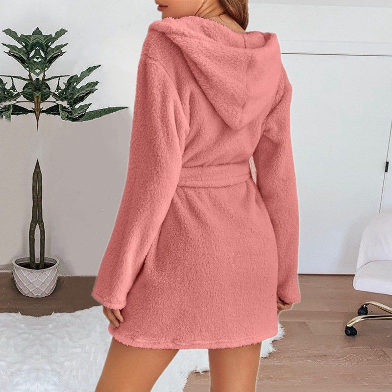 Thumbnail: Women Hooded Plush Bathrobe Thick Warm Fluffy Dressing Gown for Winter Wear