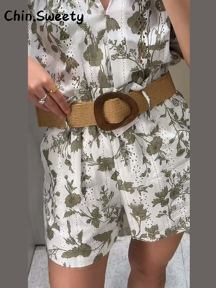 Thumbnail: Women's Printed Two-Piece Set – Belted Shirt & Shorts, Casual Summer Outfit