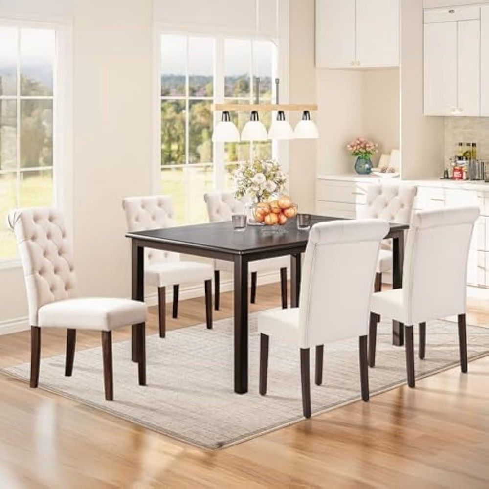 7-Piece Wooden Dining Table Set – 60" Rectangular Table with 6 Tufted Chairs