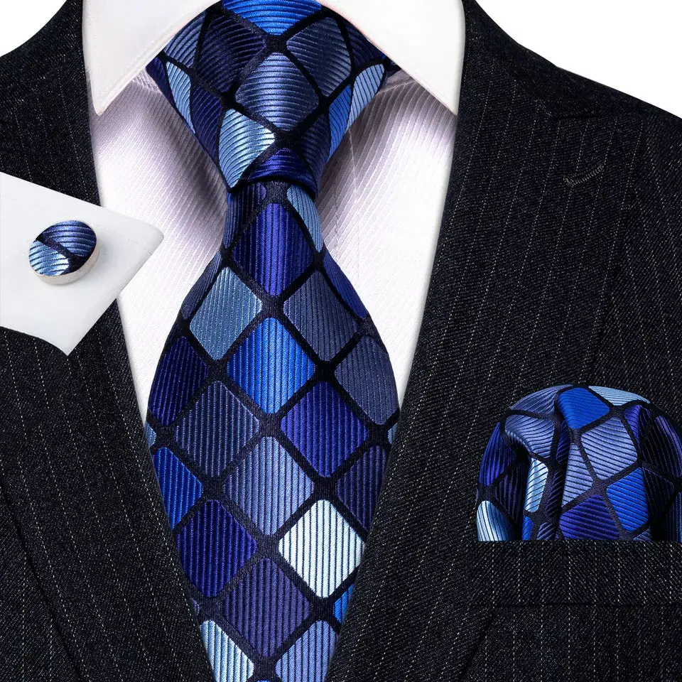 Thumbnail: Men Tie Gold Navy Blue Striped Silk Tie Set