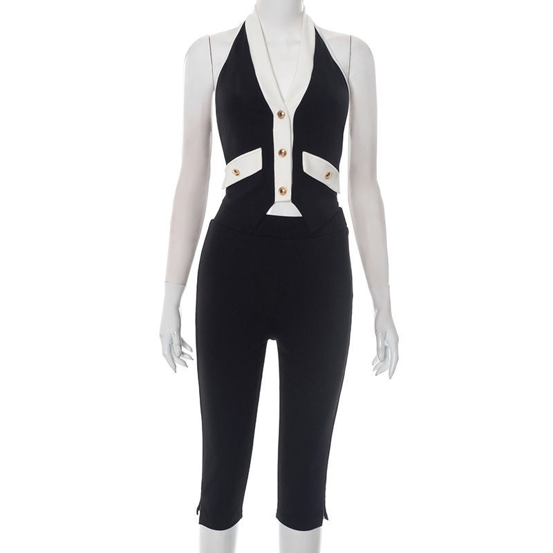 Thumbnail: Patchwork Two-Piece Set – Halter Crop Top & High-Waist Shorts