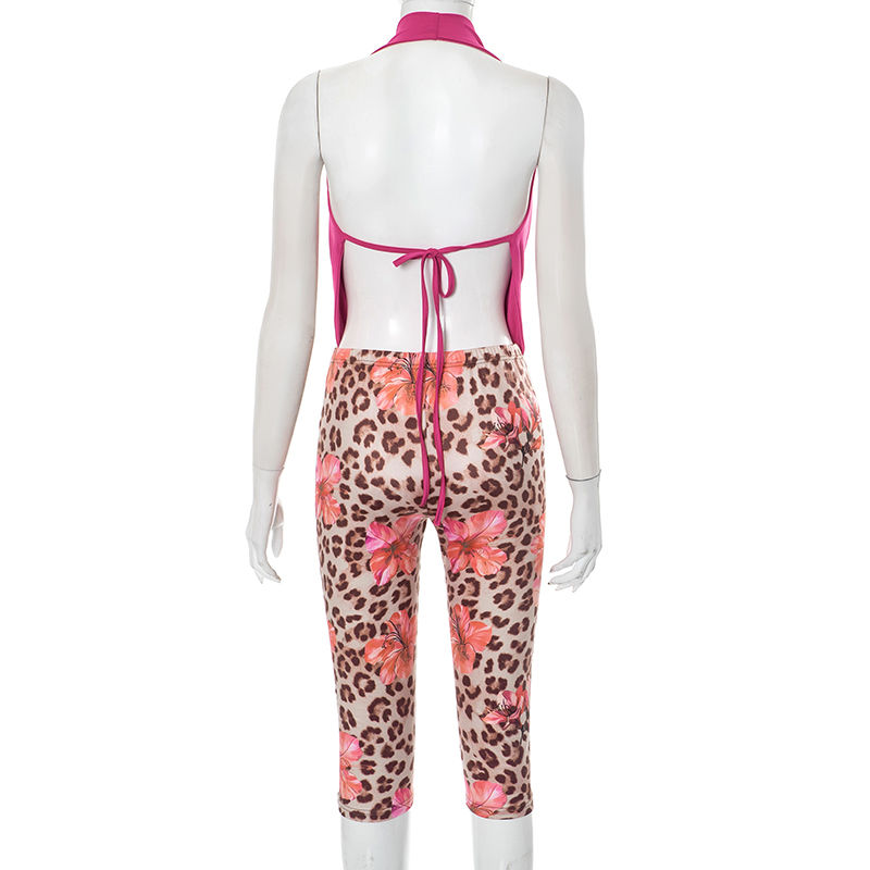 Thumbnail: Women 2 Piece Set Halter Swing Collar Backless Tank Tops +Leopard Pants
