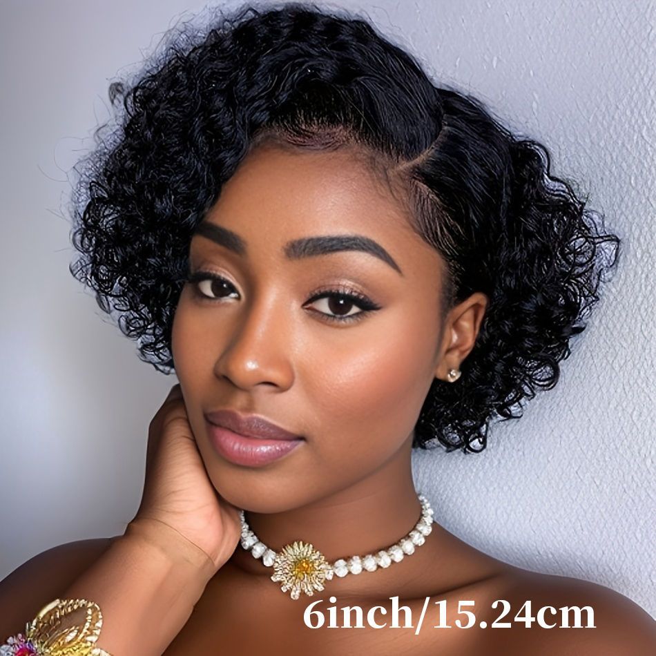 Thumbnail: Short Bob Pixie Cut Curly Human Hair Wig Black 13x4x1 & T-Part