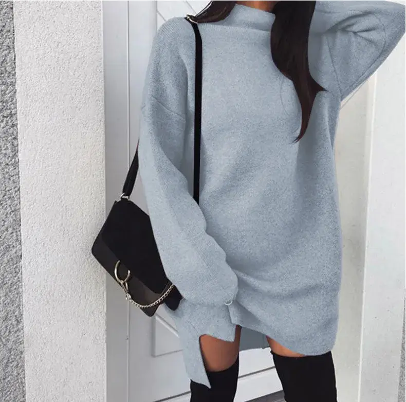 Thumbnail: Solid Color High Neck Knitted Split Dress Plus Size Women Autumn Winter