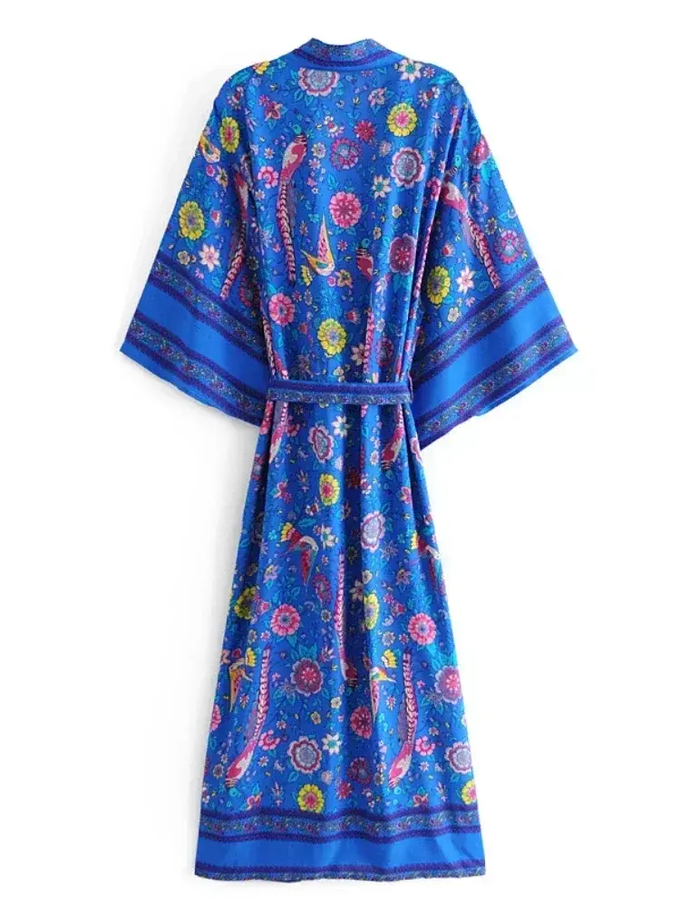 Thumbnail: Blue Peacock Floral Bohemian Kimono V-Neck Batwing Sleeve Beach Maxi Dress