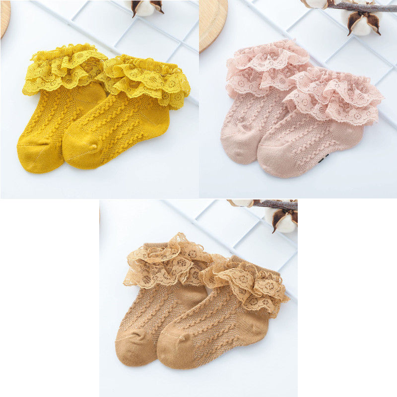 Thumbnail: HiSweetie 3 Pairs Baby Girl Lace Ruffle Socks – Breathable Cotton Princess Mesh