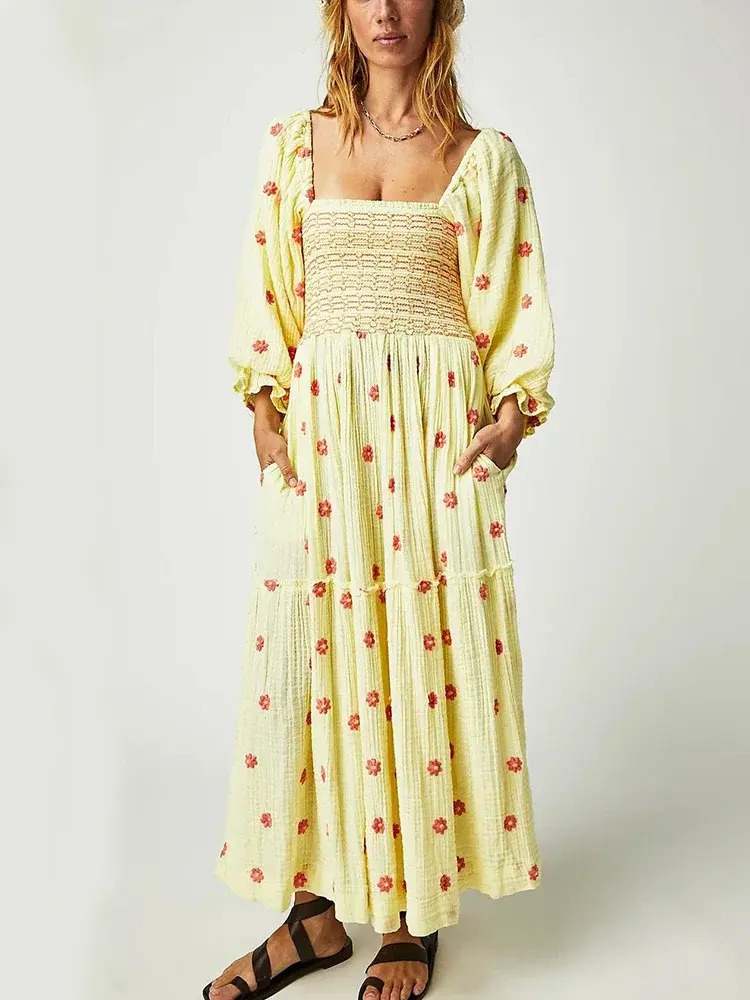 Thumbnail: Floral Embroidered Maxi Dress Long Sleeve Ruffle Boho Dress