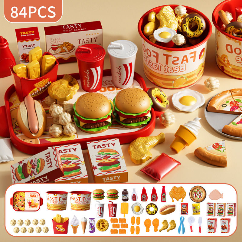 Kids Kitchen Pretend Play Set – Simulation Hamburger, Pizza & Fries Cooking Toy