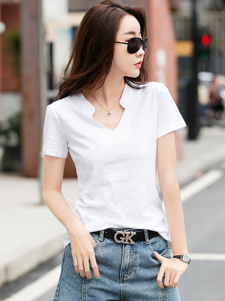 Thumbnail: Bamboo Cotton V-Neck T-Shirt – Soft Casual Short Sleeve Summer Top for Women