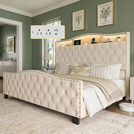 Thumbnail: King Size Velvet Upholstered Wingback Bed Frame with 50.9" Headboard