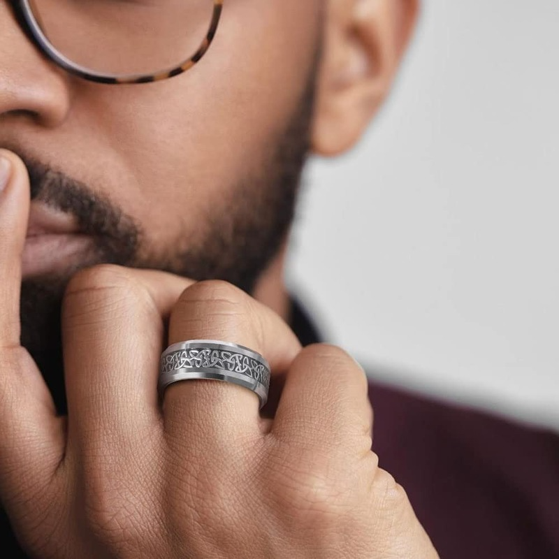 Thumbnail: TIGRADE Tungsten Carbide Wedding Band – Silver Celtic Knot Design, 6mm/8mm