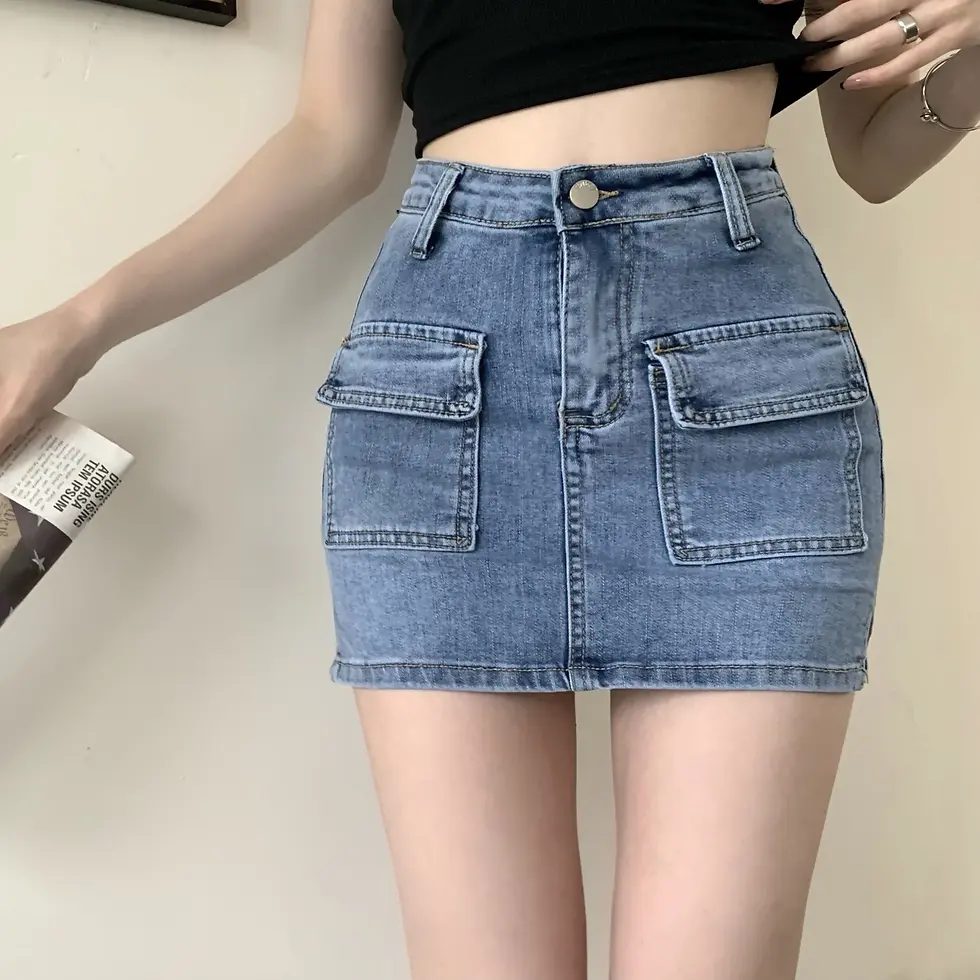 Thumbnail: High Waist Khaki Denim Cargo Mini Skirt for Women with Pocket and Hip Wrap Fit