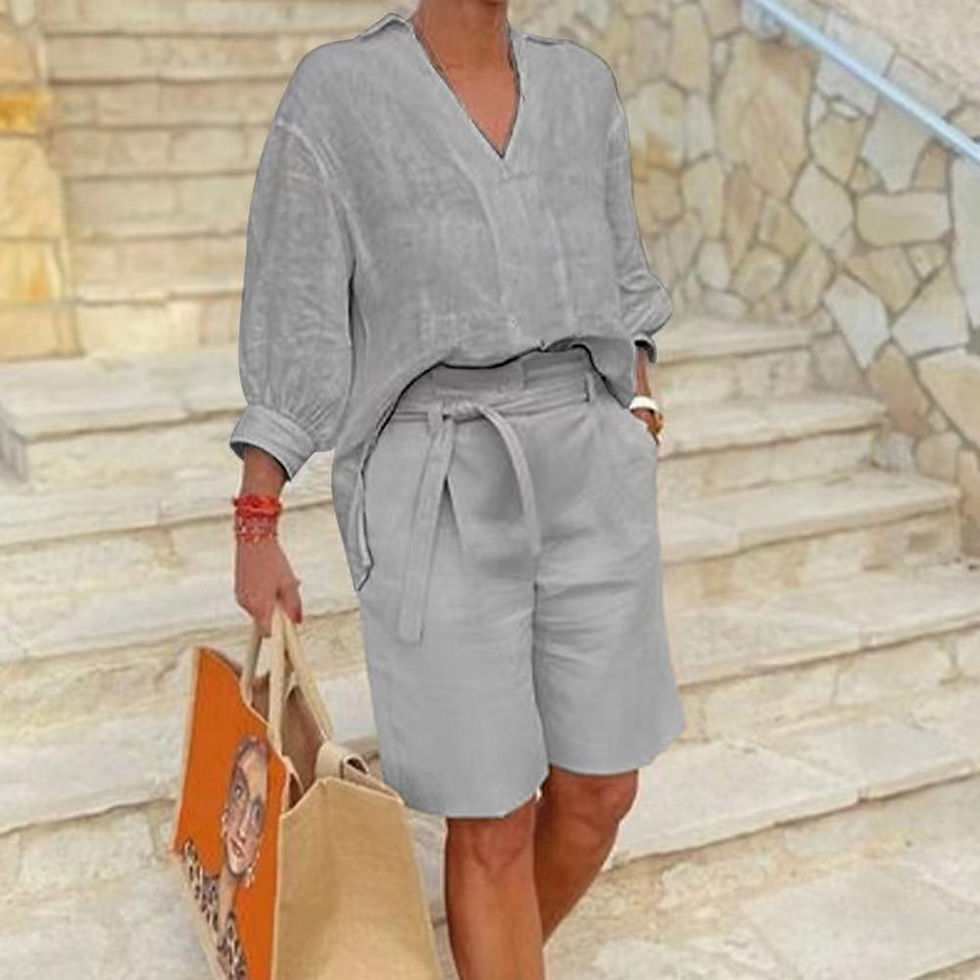 Thumbnail: Womens Cotton Linen Casual Business Set with Sash Belt and Loose Fit