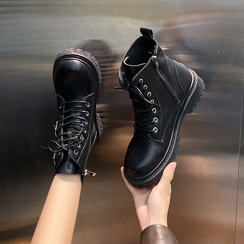 Thumbnail: Round Toe Side Zipper Motorcycle Style Boots for Women with Elegant Warm Design