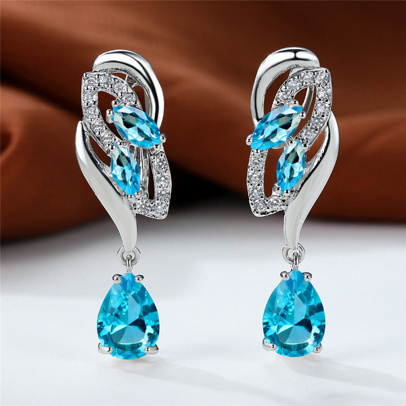 Thumbnail: Luxury Blue Rainbow Stone Clip Earrings for Women – Silver Color Classic Design