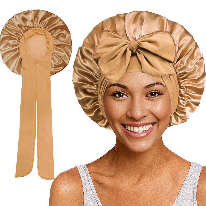 Thumbnail: Satin Sleeping Hat with Stretchy Elastic Tie Band for Women Night Hair Wrap