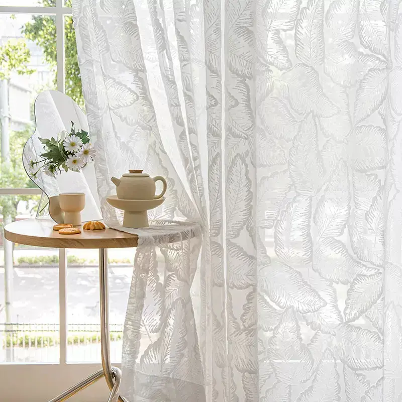 White 3D Relief Sheer Voile Curtain with Leaves for Bedroom & Window
