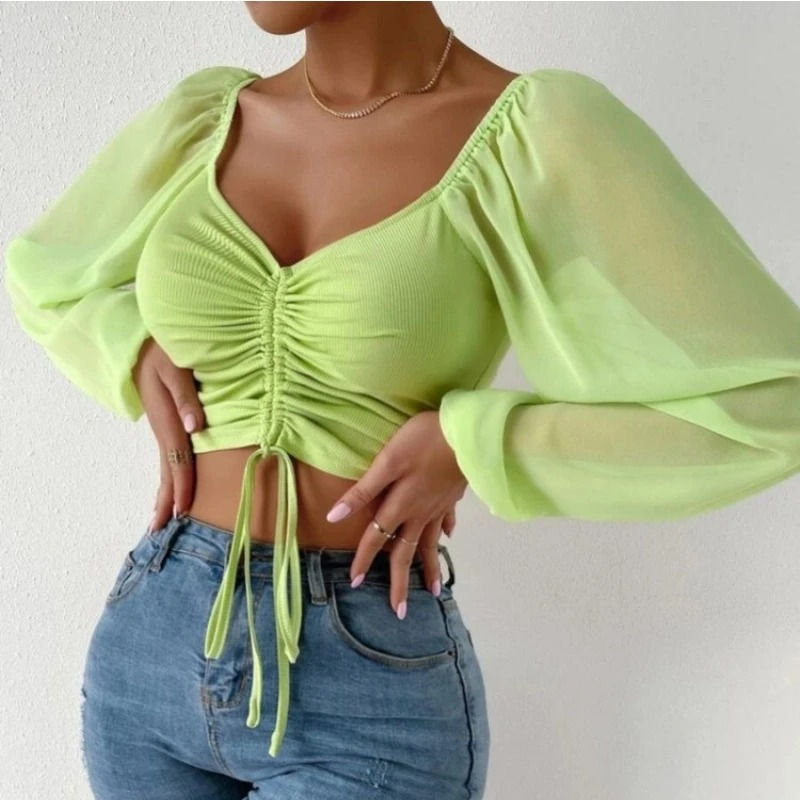 Thumbnail: Women’s Mesh Lantern Sleeve Top – V-Neck Drawstring Crop Blouse