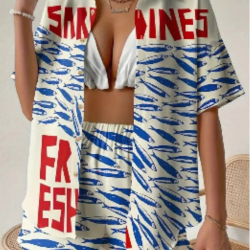 Thumbnail: Women's Summer Beach Holiday Two-Piece Set – Printed Shirt & Flare Shorts