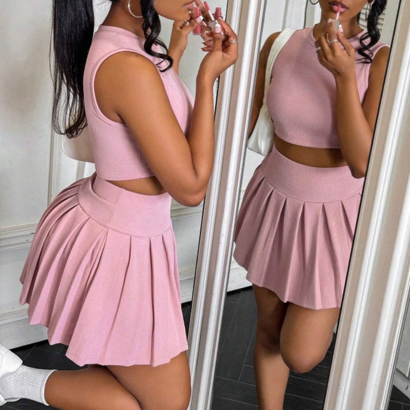 Thumbnail: Sleeveless Summer Skirt Suit for Women with Slim Fit Tank Top and Mini Skirt
