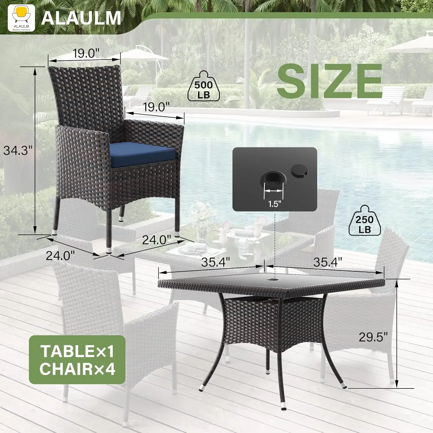 5-Piece Patio Dining Set–All-Weather Wicker Outdoor Furniture with Table & Chair