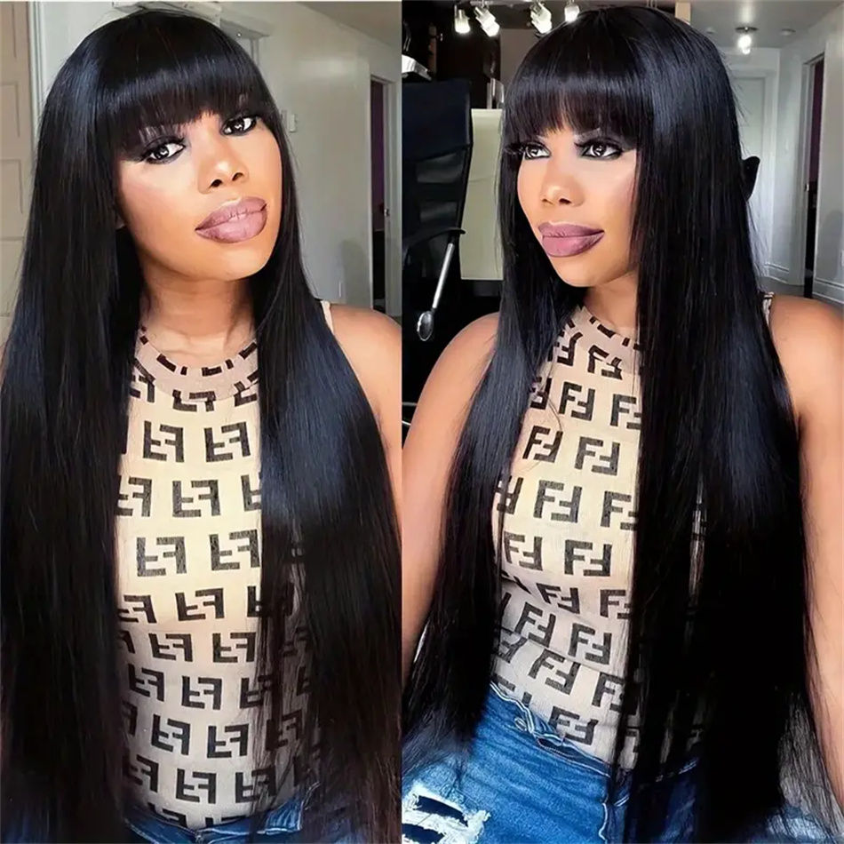 Thumbnail: Bone Straight Wig with Bangs – 30 Inch 3x1 HD Lace Brazilian Human Hair