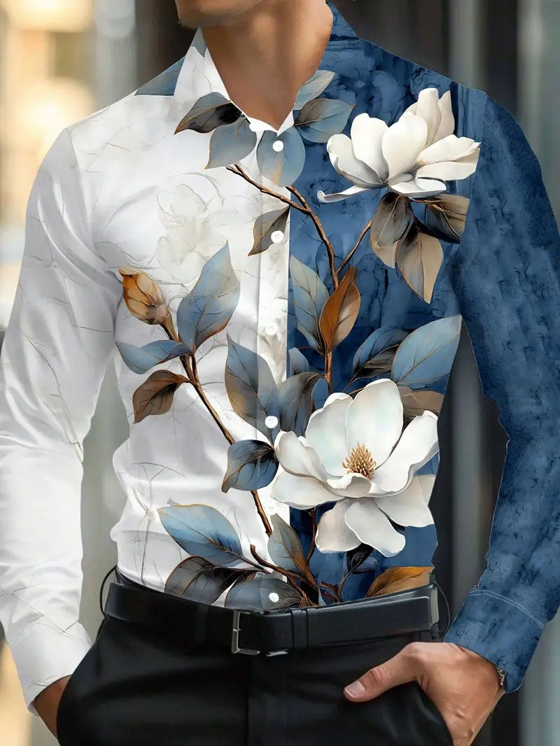 Men’s Floral Print Slim Fit Shirt – Long Sleeve, Polyester,