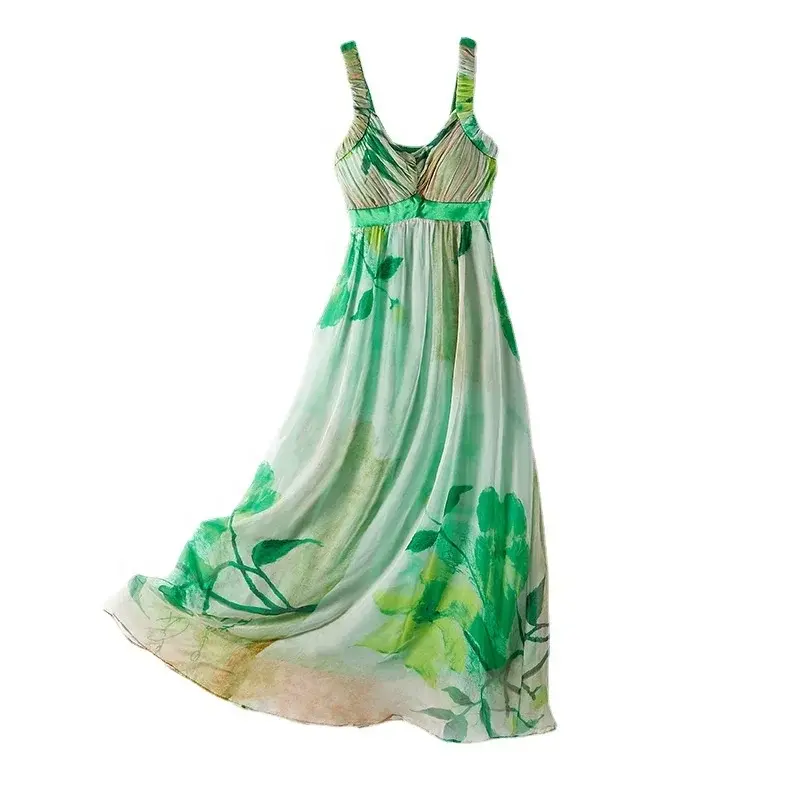 Thumbnail: Women’s 100% Mulberry Silk Boho Spaghetti Strap Maxi Dress Summer Beachwear