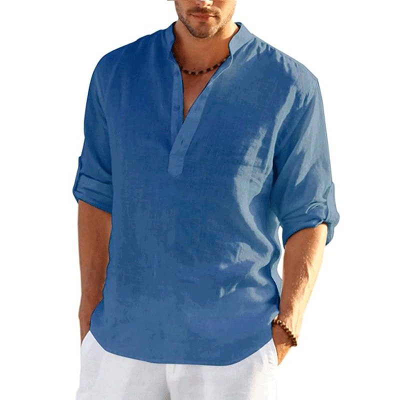 Thumbnail: Men's Cotton Linen Mandarin Collar Shirt – Long Sleeve Casual Spring Wear