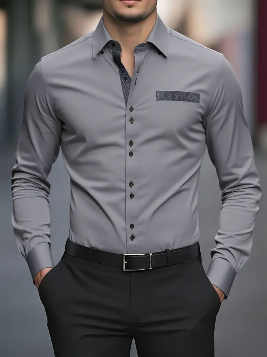 Thumbnail: Men’s Solid Color Business Casual Shirt – Long Sleeve Turn-Down Collar