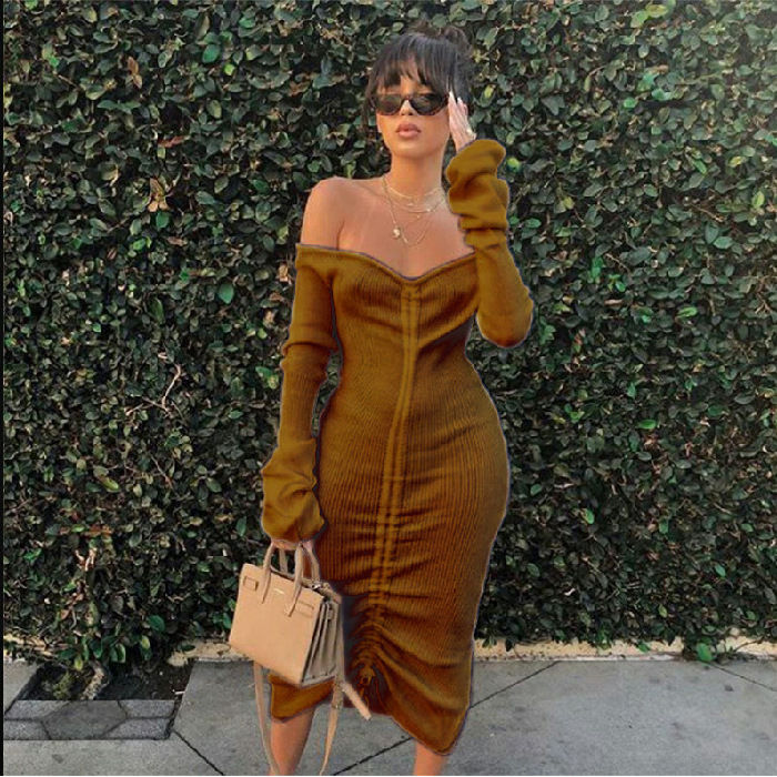 Thumbnail: Women Off Shoulder Long Sleeve Maxi Dress Drawstring Fall