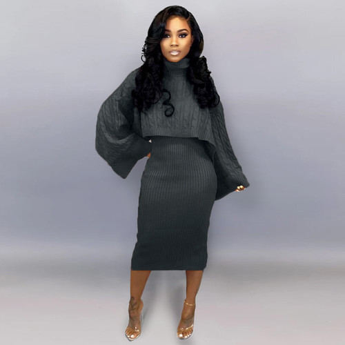 2 piece knitted dress for women Two Piece Cable Knit Sweater Midi Dress