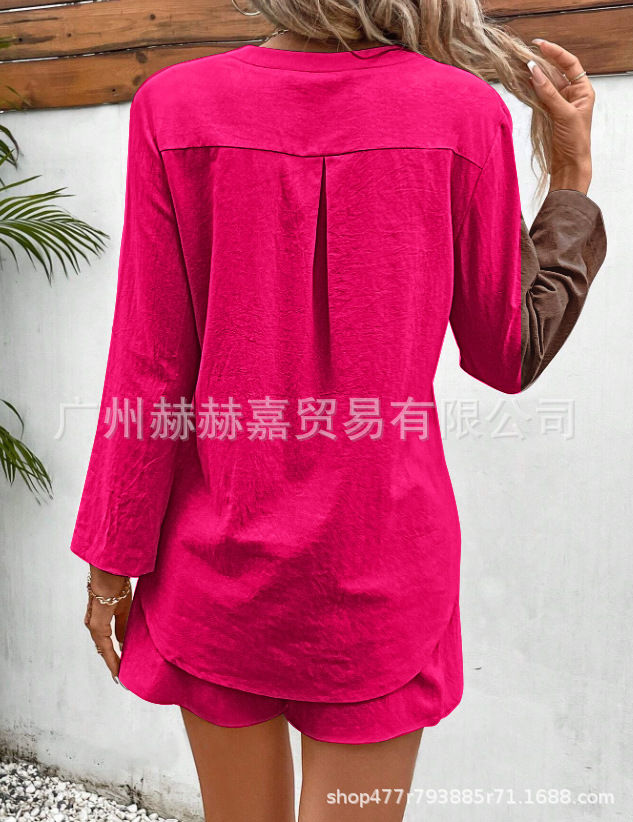 Thumbnail: Summer Two-Piece Cotton Linen Set – V-Neck Top with Pocket & Drawstring Shorts