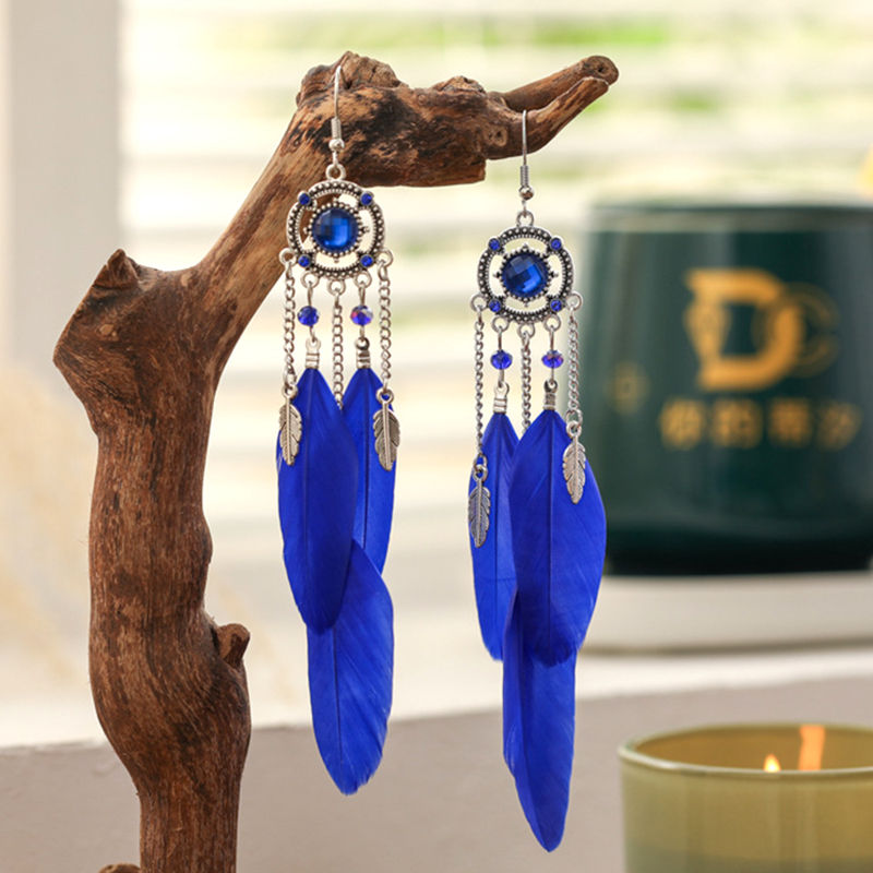 Thumbnail: Vintage Rhinestone Feather Drop Earrings for Women – Ethnic Elegant Design