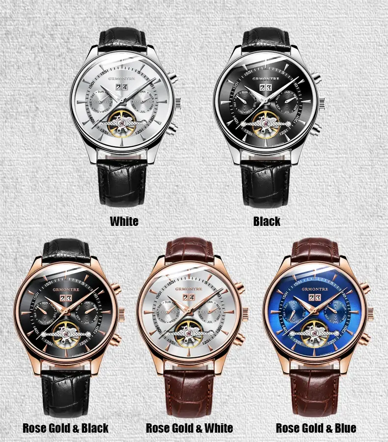 Thumbnail: Men's Skeleton Tourbillon Automatic Rose Gold Leather Mechanical Watch